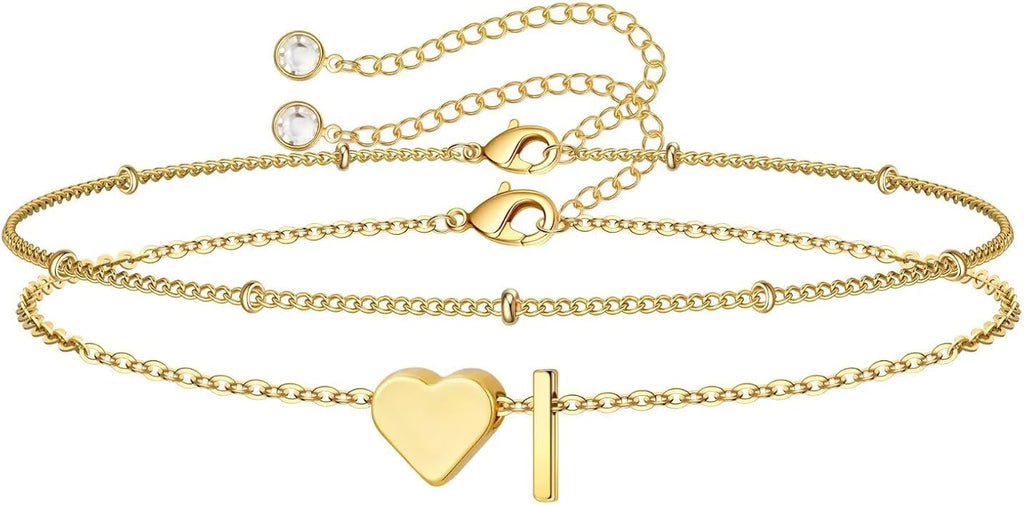 M MOOHAM Valentines Day Gifts for Kids Teen Girls -14K-Gold-Plated Heart Initial A-Z Bracelets for Women Girl Dainty Gold Bracelets Birthday Valentines Gifts for Women Her Teenage Girls Kid Teen Gift
