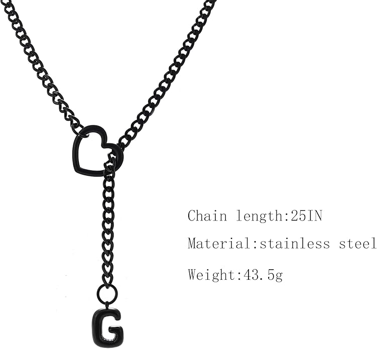 Black Heart Slip Chain Initial Necklaces for Women,Stainless Steel O-Ring Adjustable Lariat Heart Y-Necklace,Punk Gothic Cuban Collar Choker Necklace for women