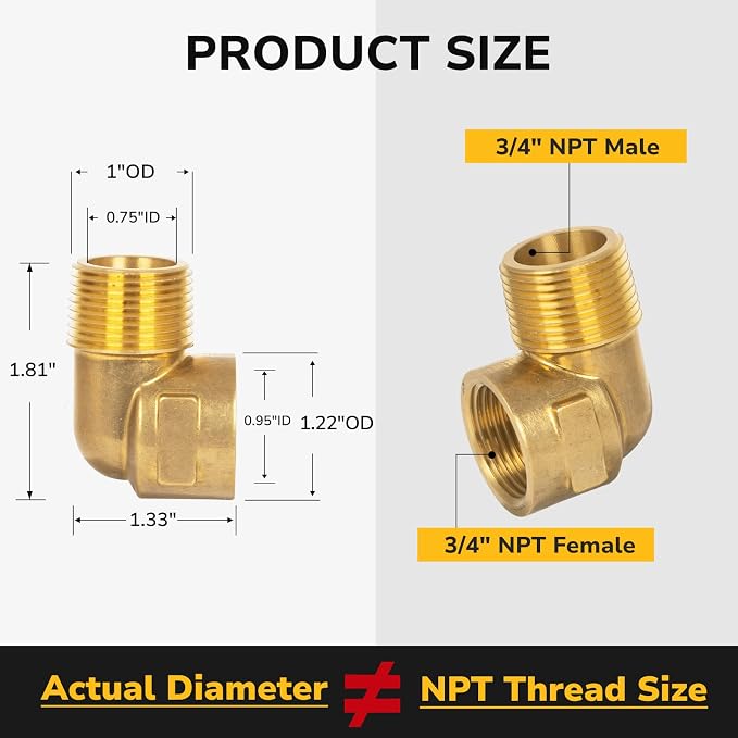 90 Degree Elbow, 3/4" NPT Male × 3/4" NPT Female Brass Pipe Fitting, Street - Image 2