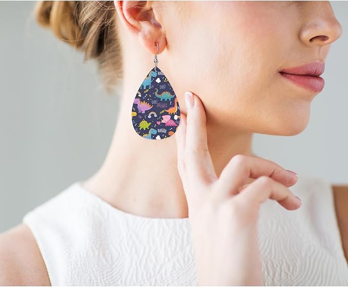 Dinosaur Leather Earrings For Women Cartoon Jungle Dinosaurs Rainbow Pattern Lightweight Water Drop Earrings Fashion Jewelry Teardrop Earrings For Friends
