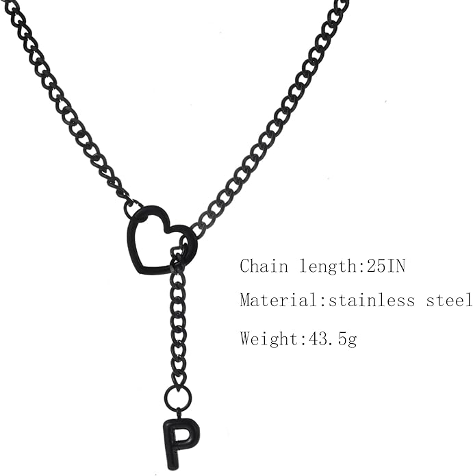 Black Heart Slip Chain Initial Necklaces for Women,Stainless Steel O-Ring Adjustable Lariat Heart Y-Necklace,Punk Gothic Cuban Collar Choker Necklace for women