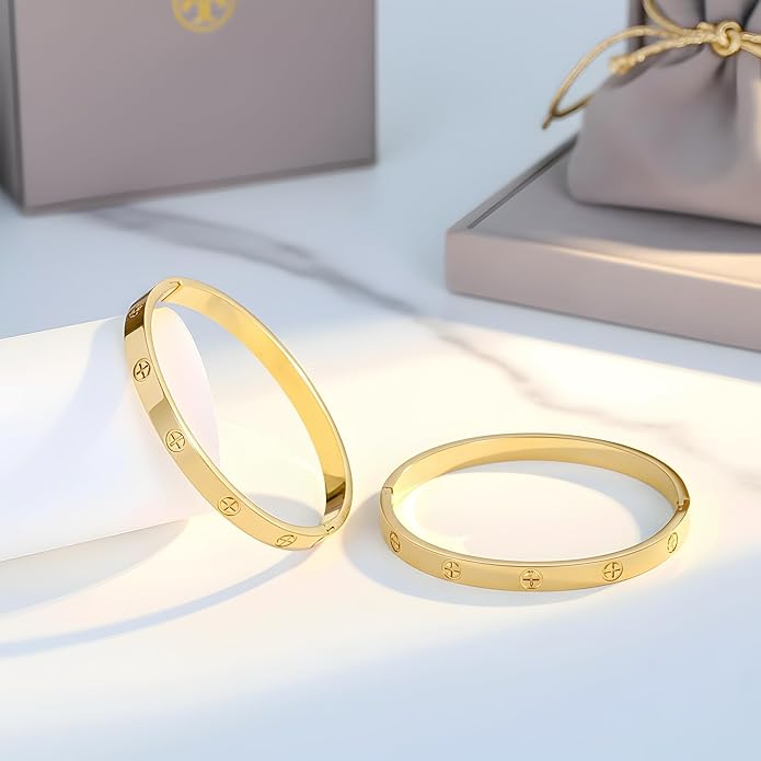 2Pcs 18K Gold-Plated Love Bangle Bracelets set for Women, Stainless Steel Cubic Zirconia Bangle Crystal Friendship Jewelry, Easter Wedding Birthday Gifts for Girlfriend, Wife, Monther