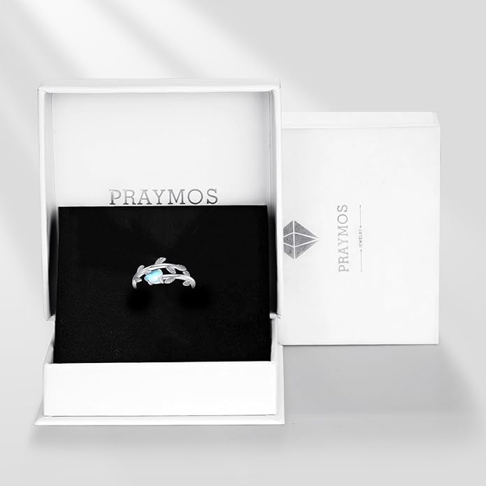 PRAYMOS 925 Sterling Silver Leaf Ring White Opal Moonstone Rings Adjustable Open Ring for Women with Jewelry Box Size 7-9
