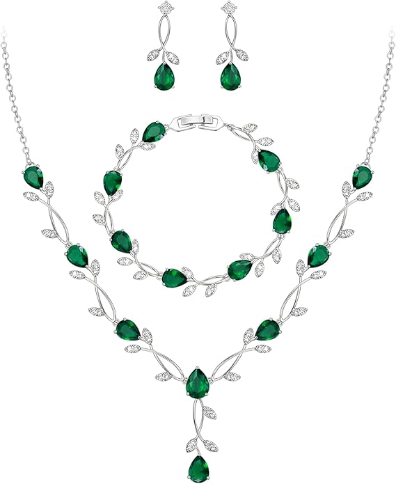 EVER FAITH Bridal Cubic Zirconia Jewelry Sets for Women, White Simulated Pearl Leaf Vine Pendant Wedding Party Necklace Earrings Set for Bridesmaid Bride