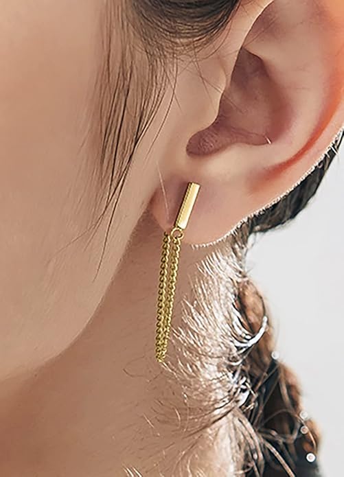 Reffeer Solid 925 Sterling Silver Stud Earrings Minimalist Bar Earrings with Chain Dangle Earrings For Women