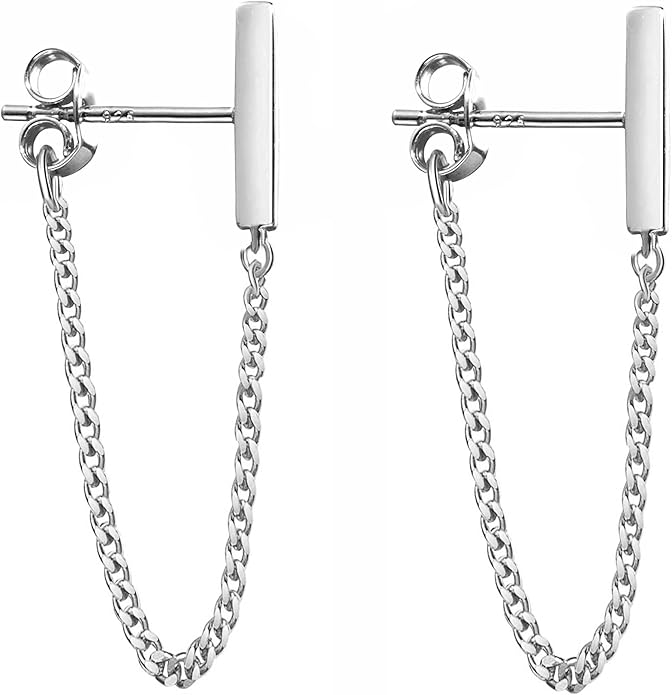 Reffeer Solid 925 Sterling Silver Stud Earrings Minimalist Bar Earrings with Chain Dangle Earrings For Women