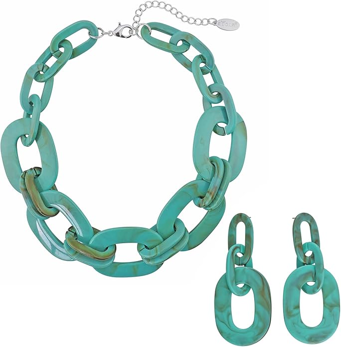Bocar Acrylic Chunky Statement Necklace for Women Cube Link Chain Collar Necklace and Hoop Earrings Costome Jewelry Set