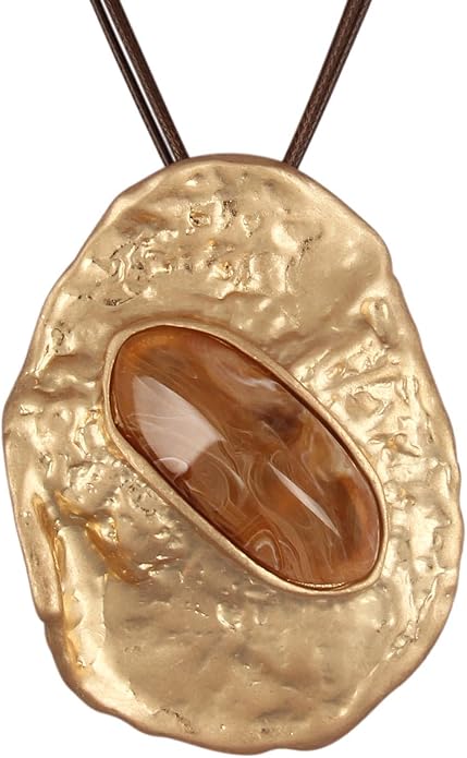 GelConnie Leather Necklace for Women Large Pendant Long Brown Necklace Circle Leather Choker Vintage Sweater Necklace Gold Chunky Boho Necklaces for Women