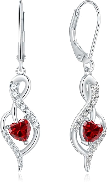 Infinity Heart Dangle Drop Earrings for Women, 925 Sterling Silver Birthstone Leverback Earrings, Birthday Anniversary Valentines Day Jewelry Gifts for Women Mom Her