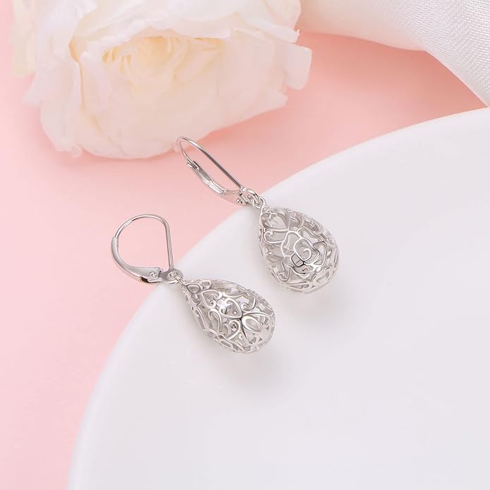 925 Sterling Silver Filigree Dangle Drop Earrings Daisy/Lotus/Rose Flower/Moonstone Leverback Teardrop Earrings for Women Infinity Celtic Knot Daisy Lotus Jewelry for Mothers Day
