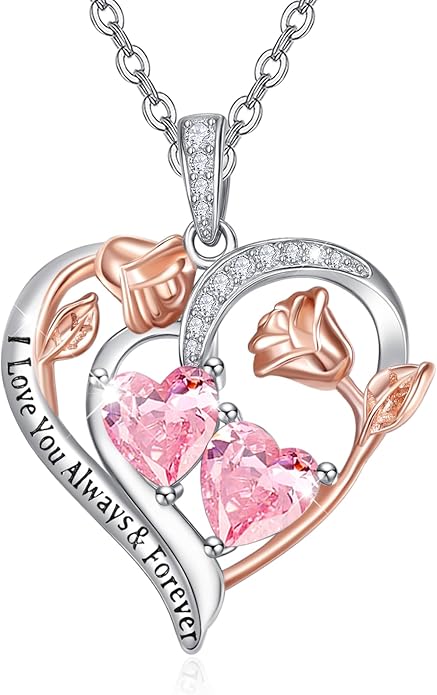 Valentine's Day Gifts for Wife 925 Sterling Silver Double Birthstone Pendant Necklaces I Love You for Always and Forever Necklace Anniversary Birthday Gifts for Wife Girlfriend Mom Her