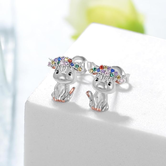 Axolotl/Highland Cow/Panda/Giraffe Stud Earrings 925 Sterling Silver Cute Animal Earrings with with Colored Zircon Animal Jewelry Gift for Girls Women