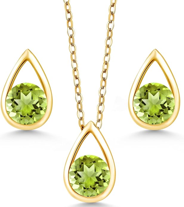 Gem Stone King 18K Yellow Gold Plated Silver 5MM Round Gemstone Birthstone Teardrop Pendant Earrings Set | Jewelry Set for Women | With 18 Inch Chain