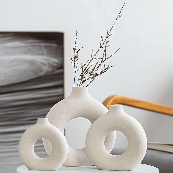 White Ceramic Vases Set 3 for Modern Home Decor, Round Matte Pampas Flower by QLOFEI