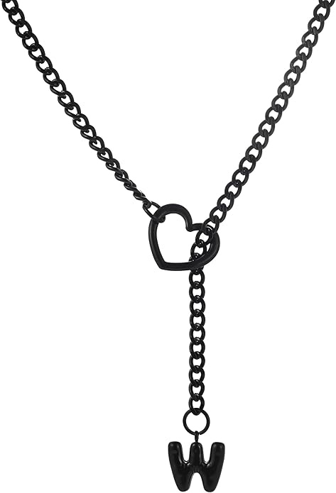 Black Heart Slip Chain Initial Necklaces for Women,Stainless Steel O-Ring Adjustable Lariat Heart Y-Necklace,Punk Gothic Cuban Collar Choker Necklace for women