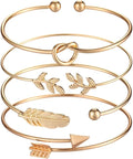 Starain 4Pcs Rose Gold Bracelets for Women Simple Leaf Arrow Feather Knot Heart Bangle Bracelet Adjustable Cuff Bracelet Set