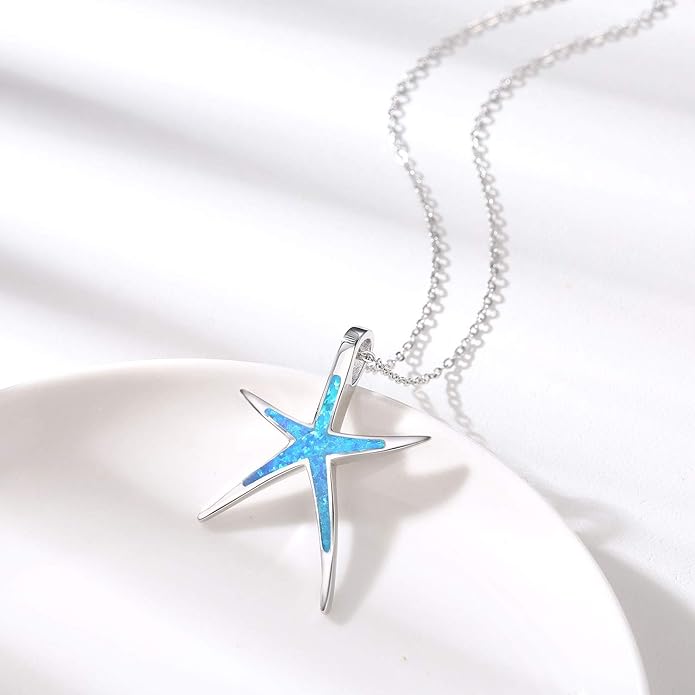 Cuoka Starfish Necklace, 925 Sterling Silver with Opal, Hawaiian Beach Nautical Ocean Pendant, Starfish Jewelry Opal Jewelry Valentine for Women Girlfriend