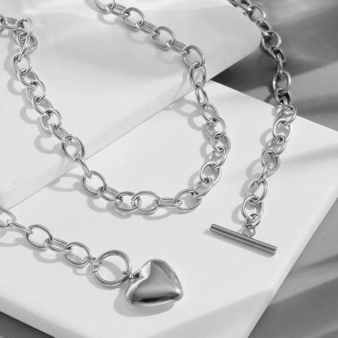 Chunky Gold Heart Necklace for Women,Y2K Big Heart Statement Necklace Long Puffy Hearts Chain Charm Necklaces Trendy Jewerly