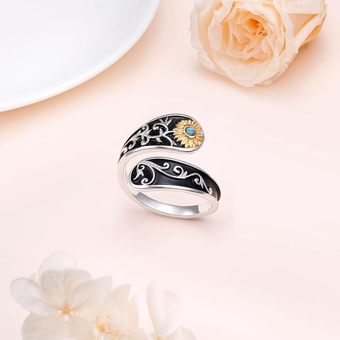 FLYOW Sterling Silver Sunflower Spoon Ring Victorian Style Boho Antique Flower Adjustable Open Ring Retro Statement Cubic Zirconial/Turquoise/Oxidized Thumb Rings for Women Birthday Christmas Jewelry