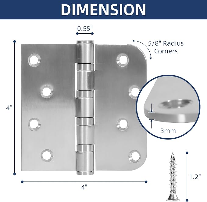 6 Pack Ball Bearing Door Hinges, 4 Inch x 4 Inch Heavy Duty Stainless Steel - Image 3