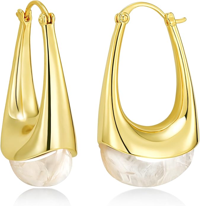 Long Oval Chunky Dangle 18K gold plated Hoops with Colored Resin Gemstone Statement Earrings for Women by SNGIA, (Green, Brown, Blue, Pink, White, Cream), Bold Drop Handmade Exaggerated Irregular Trendy Bohemian Jewelry Gifts, Unique Dangling Teardrop ...