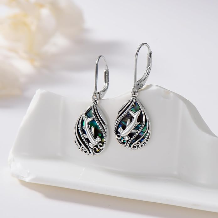 Animal Earrings 925 Sterling Silver Abalone Shell Dangle Drop Earrings Leverback Earrings Cute Animal Jewelry Gifts for Women Girlfriend