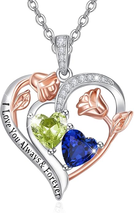 Valentine's Day Gifts for Wife 925 Sterling Silver Double Birthstone Pendant Necklaces I Love You for Always and Forever Necklace Anniversary Birthday Gifts for Wife Girlfriend Mom Her