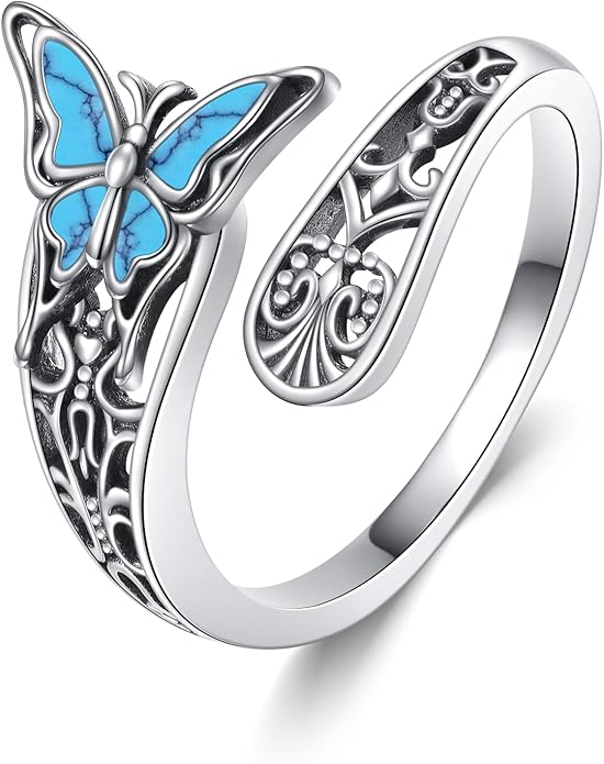 VONALA Dragonfly/Butterfly/Tree of Life/Sunflower Ring for Women 925 Sterling Silver Adjustable Turquoise Ring Flower Antique Jewelry Gifts