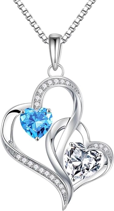 Iefil Valentines Day Gifts for Her - 925 Sterling Silver Double Birthstone Necklace, Heart Necklaces for Women, Anniversary Birthday Gifts, Personalized Jewelry Gift for Wife Mom Girlfriend