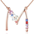 Flower Initial Letter Necklace Pink Red Blue Simulated Pearl Pendant Name Jewelry Made with Austrian Crystals Rose Gold Plated Anniversary Birthday Gifts for Women,18"+2"