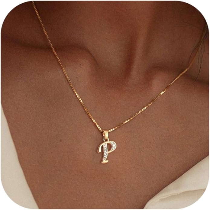 Initial Necklace for Women, 14K Gold Plated Box Chain Letter Pendant, Trendy Name Necklace, Dainty Personalized Jewelry Valentines Day Gift for Her