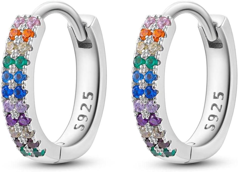 NARMO Earrings for Women 925 Sterling Silver Heart Hoops Small Colorful Rainbow Hoop Earrings Huggie Earrings