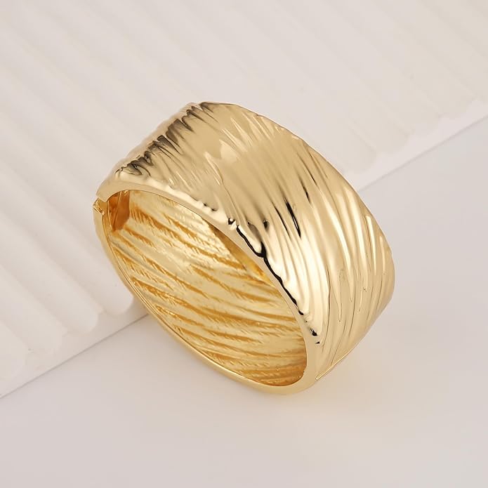HZMAN 18K Gold Plated Wide Cuff Bracelet for Women - Premium Alloy Shiny Polished Double Layer Statement Bangle, Trendy Daily Wear Party Jewelry Accessory