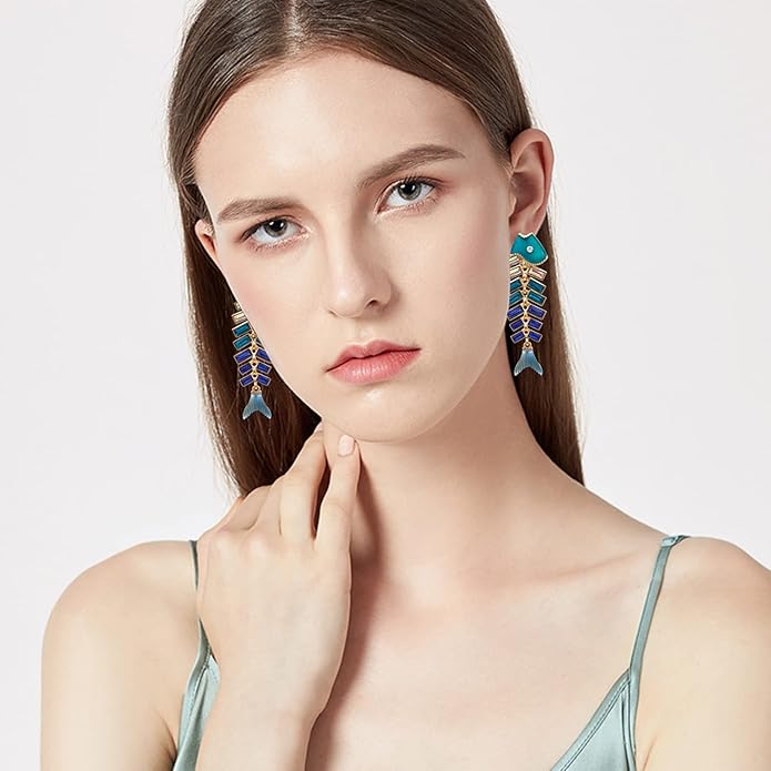 Creative Exaggerated Long Colorful Sparkly Crystal Fish Bone Dangle Drop Earrings Vintage Gold Cute Enamel Diamond Animal metal Stud Earrings