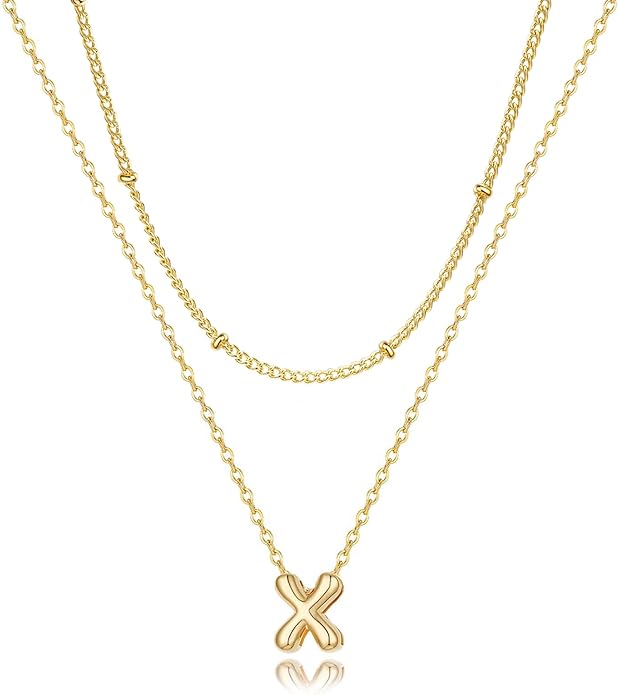 Valentines Day Gifts for Her - Bubble Letter Necklace Layered 14K Gold Plated Initial Necklaces for Women Dainty Cute Choker Pendant Stack Jewelry Fashion Accessories Teen Gift Trendy Stuff