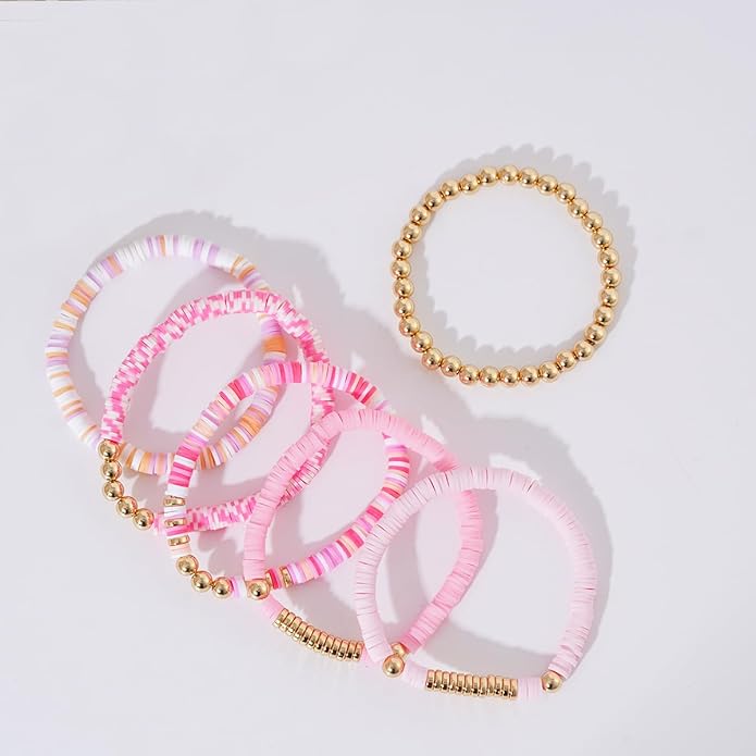 GOOJIDS Surfer Heishi Clay Bead Bracelets for Women Bohemian Stackable Gold Plated Beaded Stretch Bracelets Elastic Layering Friendship Bracelets Set Boho Jewelry