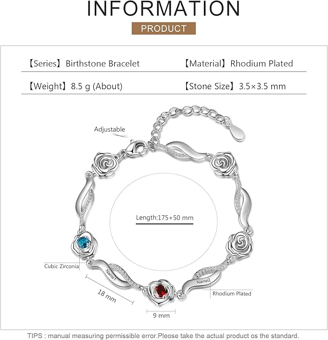 Personalized Simulated Birthstone Bracelets Adjustable Rose Flower Chain Charm Bracelet with 1-5 Name Initial Engraved for Women Mom Christmas Gifts
