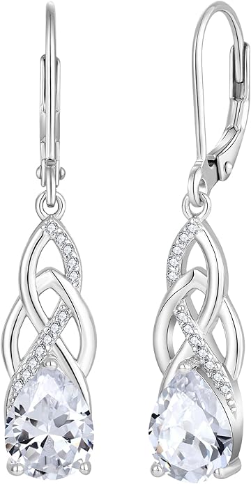 JO WISDOM Celtic Knot Infinity Jewelry Set for Women 925 Sterling Silver Dangle Drop Leverback Earrings April Birthstone Necklace Pendant Gemstone Jewelry