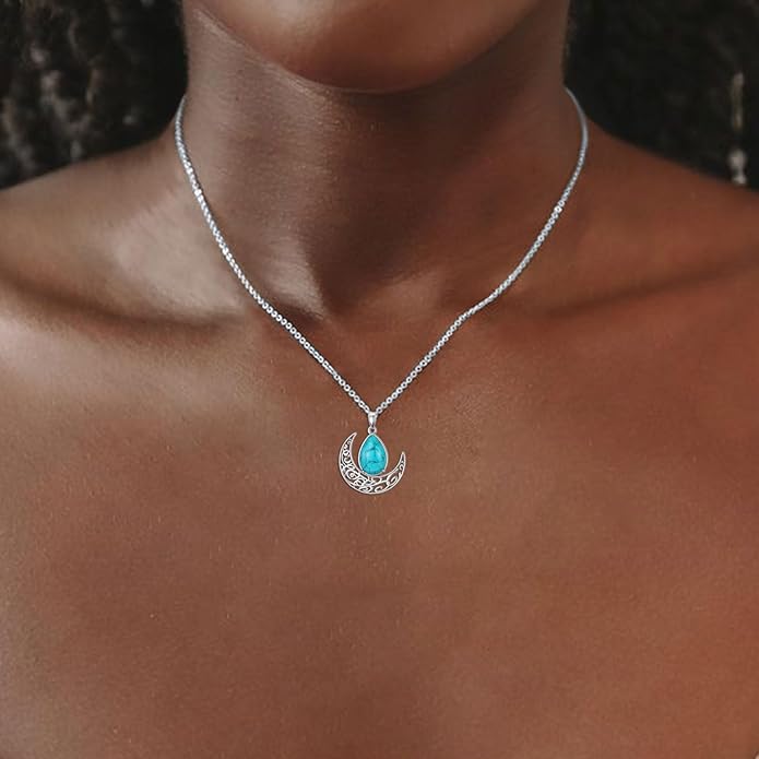 RMREWY Genuine Turquoise Crescent Moon Teardrop Pendant Necklace,925 Sterling Silver Native American Boho Western Dainty Pendant Real Gemstone Jewelry Birthdays Gift for Women Moon Lover