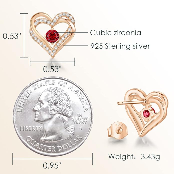 CDE Forever Love Heart Stud Earrings for Women, 925 Sterling Silver Birthstone Heart Stud Earrings Christmas Day Mother's Day Gift Anniversary Birthday Jewelry Gifts for Women Wife Her