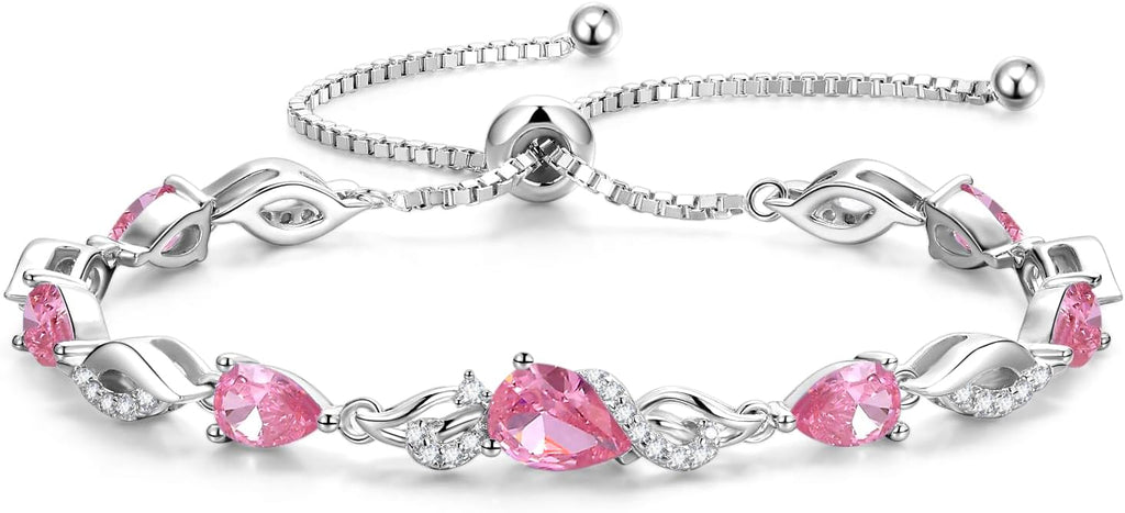 FANCIME Birthstone Teardrop Tennis Bracelet for Women, Sterling Silver 9x7mm main Gemstone Bolo Adjustable Chain Bracelet Fine Jewelry Birthday Gifts for Women Mom Wife Her