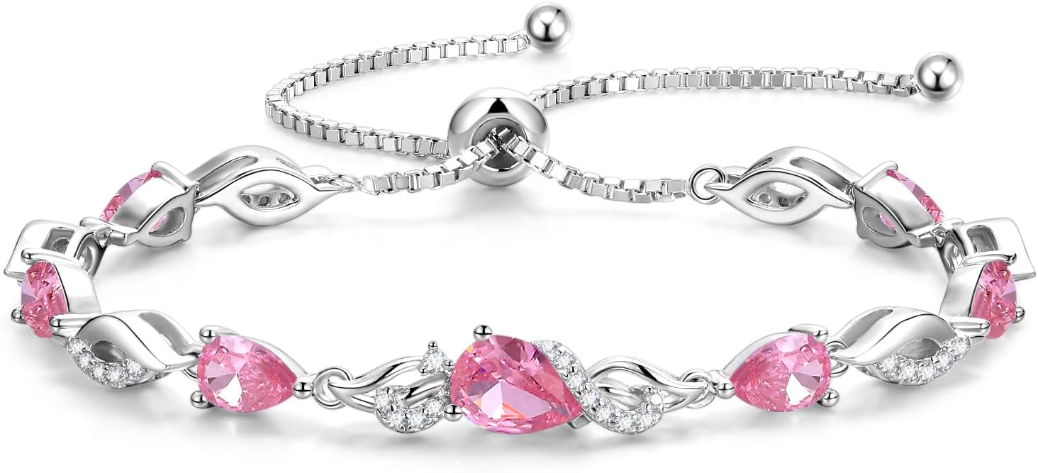 FANCIME Birthstone Teardrop Tennis Bracelet for Women, Sterling Silver 9x7mm main Gemstone Bolo Adjustable Chain Bracelet Fine Jewelry Birthday Gifts for Women Mom Wife Her