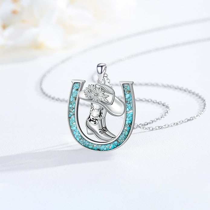 Western Cowboy Necklace 925 Sterling Silver Horseshoe Pendant Western Jewelry Cowgirl Gifts for Women Girlfriend Cowboy Cowgirl