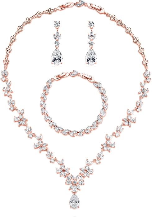 Wedding Jewelry for Bride, Silver Bridal Necklace Earrings Bracelet Set with Clear Cubic Zirconia, Bridemaids Jewelry Set for Wedding, Crystal Wedding Party Jewelry Set for Women Girls