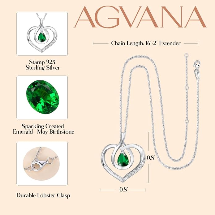 AGVANA Valentines Day Gifts Heart Birthstone Necklace for Women Sterling Silver Genuine or Created Gemstone Forever Love Pendant Necklace Fine Jewelry Anniversary Birthday Gifts for Women Mom Wife