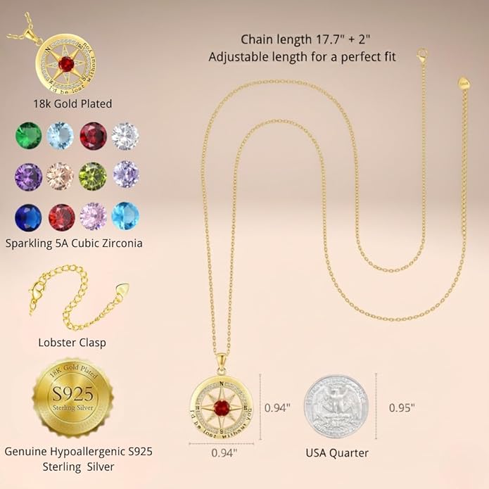 Compass Necklace for Women Wife Girlfriend Mom Daughter Gifts S925 Sterling Silver Jewelry For Anniversary Rose Gold Gifts For Birthday Christmas Mothers Valentines Day 12 Birthstones