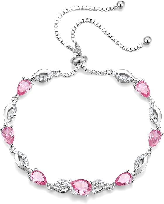 FANCIME Birthstone Teardrop Tennis Bracelet for Women, Sterling Silver 9x7mm main Gemstone Bolo Adjustable Chain Bracelet Fine Jewelry Birthday Gifts for Women Mom Wife Her