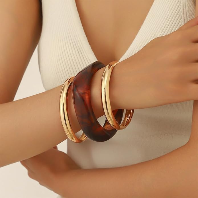 3PCS Chunky Acrylic Bangle bracelets Set for Women Resin Bangle Gold Bracelet Stack Fashions Thick Acetate Statement Trendy Jewelry Set