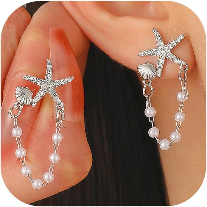Seashell Starfish Earrings Beach Jewelry for Women Pearl Drop Shell Earrings Ocean Beachy Fashion Accessories Womens Summer Outfits 2026 Tropical Vacation Outfits Beach Vacation Clothes Dresses