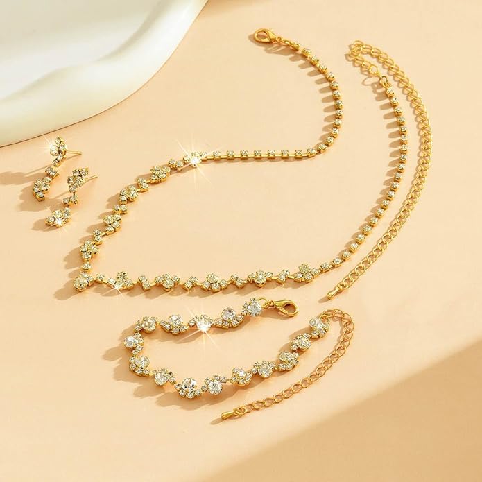 Unicra Bride Crystal Necklace Earrings Set Bridal Wedding Jewelry Sets Rhinestone Choker Necklace Costume Jewelry Set for Women and Brides (3 piece set - 2 earrings and 1 necklace)